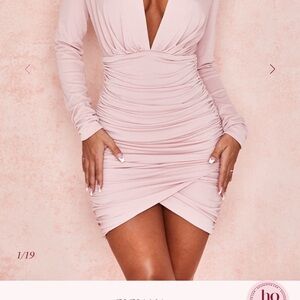 House of CB Blush Pink Long-Sleeve Ruched V-Neck Mini Dress
